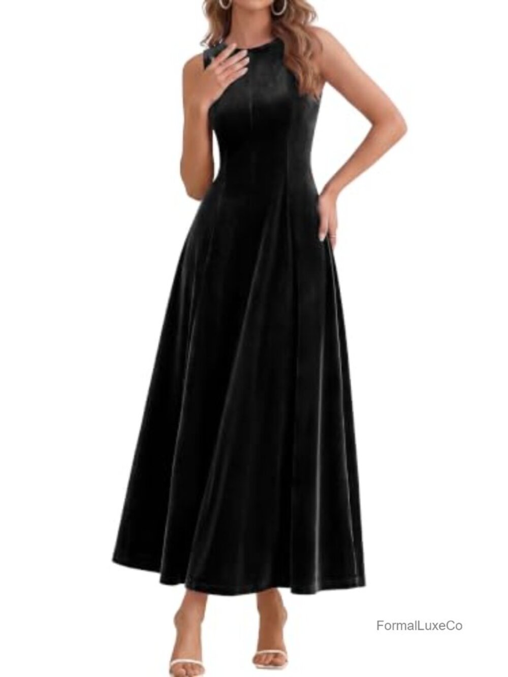 Velvet Sleeveless Crewneck A-Line Maxi Wedding Guest Dress